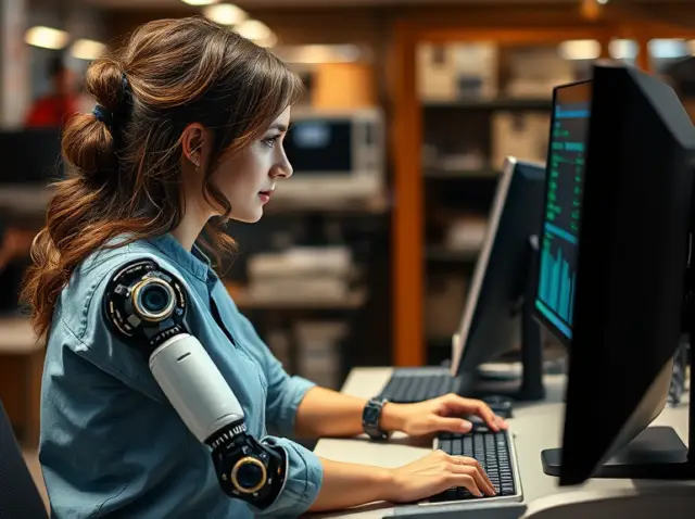 Frau mit roboter arm